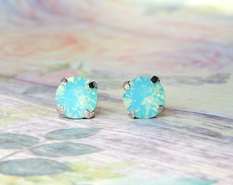 Custom Quantity Made to Order- 8mm Swarovski Pacific Opal Crystal Studs,  Mint Green Crystal Studs, Mint and Rhodium Silver Stud Earrings