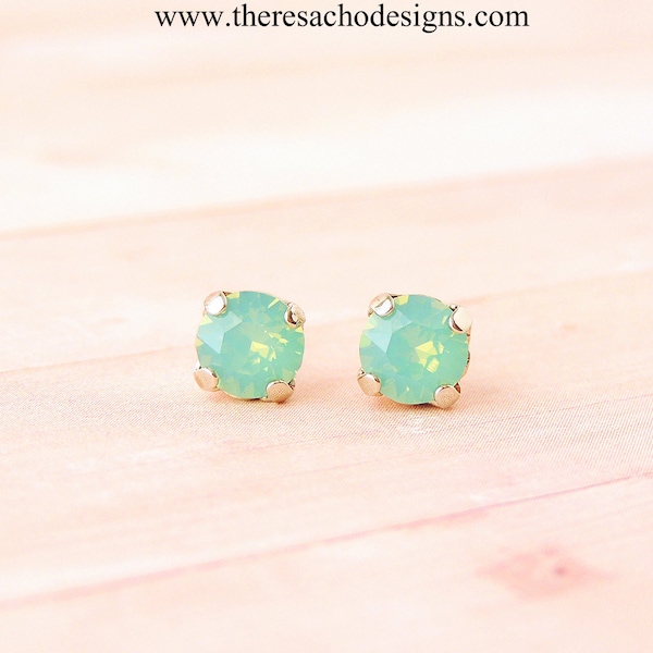 Custom Quantity Made to Order- Dainty 6mm Swarovski Pacific Opal and Rhodium Silver Crystal Studs, Small Mint Opal Crystal Studs