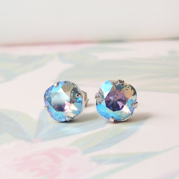 Small Light Sapphire Shimmer Cushion Cut Crystal Studs, Swarovski Crystal Studs, Blue Crystal Studs, Swarovski Crystal Square Stud Earrings