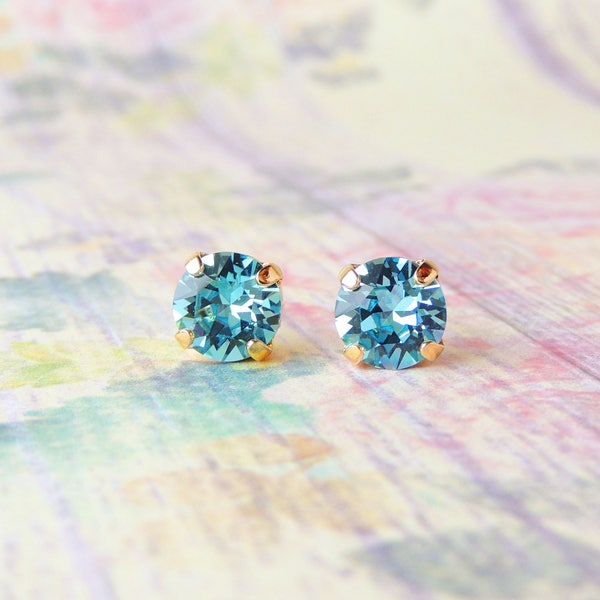 8mm Swarovski Aquamarine and Yellow Gold Crystal Studs- Aquamarine Crystal Studs, Aquamarine Stud Earrings, March Birthstone, Ready to Ship