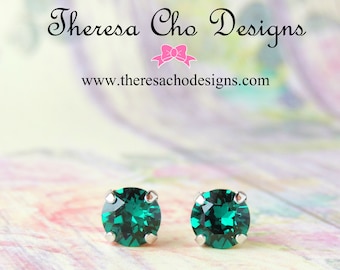 Custom Quantity Made to Order- 8mm Swarovski Emerald Green Crystal Studs, Emerald and Rhodium Silver Studs, May Birthstone