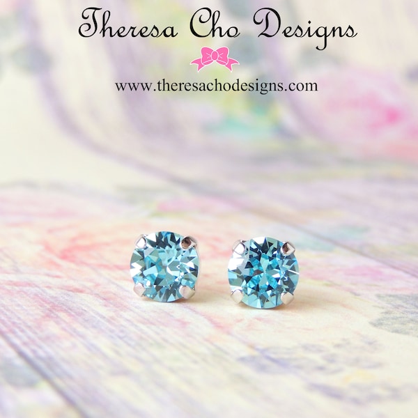 8mm Swarovski Aquamarine Crystal Studs- Aquamarine and Rhodium Silver Stud Earrings, March Birthstone, Ready to Ship Gift