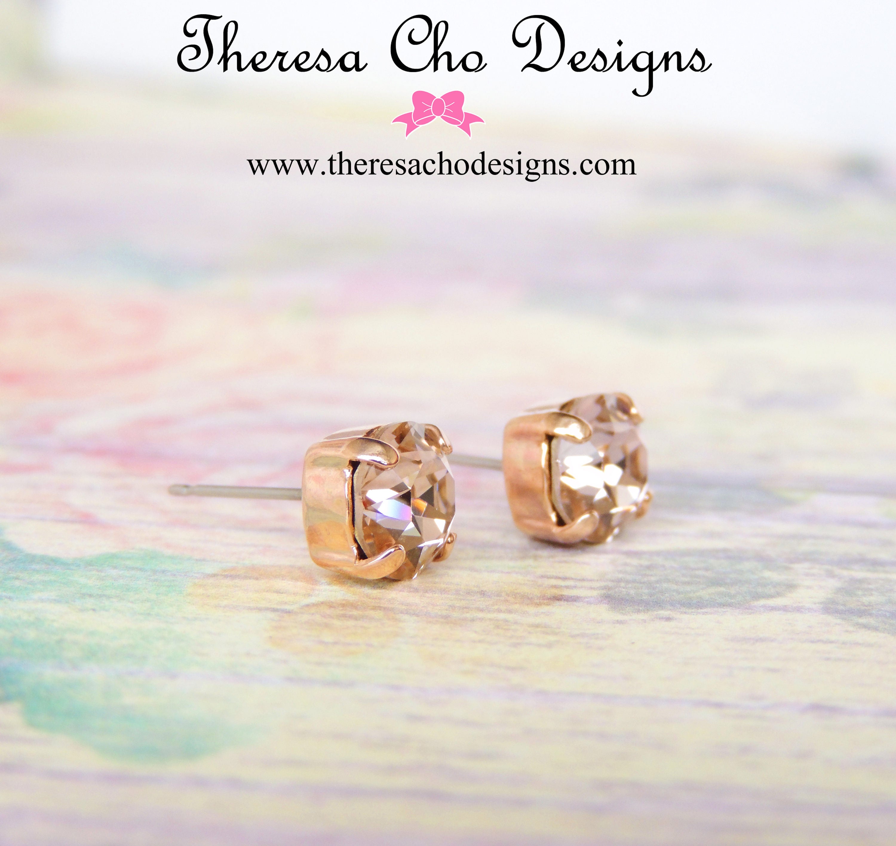 8mm Swarovski Light Blush Pink Rose Gold Studs Light Blush Crystal