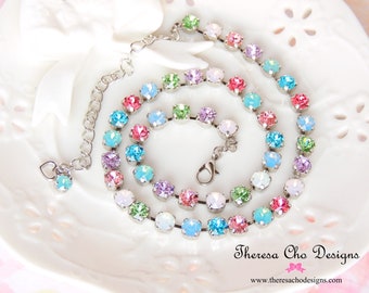 Pastel Macarons Swarovski Crystal Necklace- 6mm Swarovski Crystals, Spring Pastel Colors, Swarovski Choker Tennis Necklace, Free Shipping