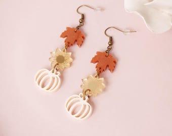 Fall Sunflower Pumpkin Dangle Earrings, Fall Theme Earrings, Sweater Weather Inspired Jewelry