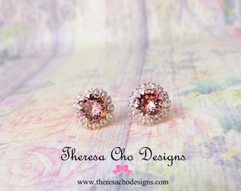 Made to Order- Swarovski Blush Rose Gold Crystal Earrings, 8mm Round Swarovski Crystal Stud Earrings, Swarovski Blush Rose Gold Pink Studs