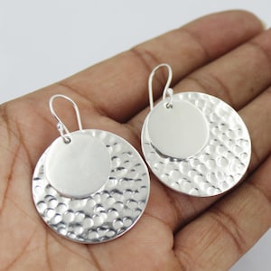 925 Sterling Silver Hammered Double Disc Earrings, Handmade Dangle Hoops, Lightweight Modern Jewelry Gift, Statement Earrings for Her