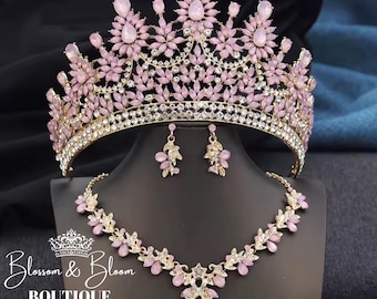 Pink Opal Gold Bridal Crown & Necklace Earrings Set