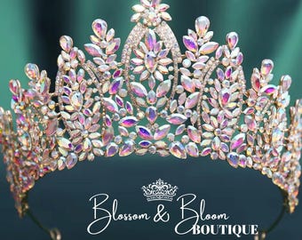 Gold AB Crystal Water Drop Tiara, Baroque Bridal Quinceañera Sweet 16