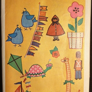 May include: A vintage Simplicity sewing pattern with a transfer pattern for a variety of cute designs, including a giraffe, a turtle, a sailboat, a bird, a flower, a girl in a red cloak, and a boy in a red uniform. The pattern is labeled "Simplicity 8810" and is priced at 75 cents.