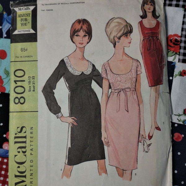 McCall's Adjust-For-You 8010 Misses’ and Junior Dress in Three Versions 1965 Size 10-12 Formal Semi-Formal