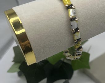 Marble & Black Miyuki Tila Bracelet with Gold Spacers