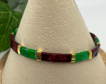 Red Green Gold Tila Bracelet, Festive Miyuki Bead Jewelry