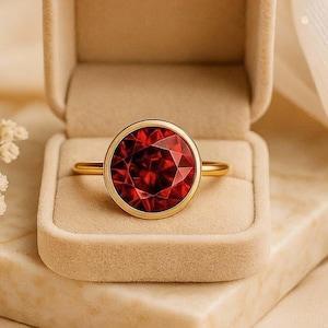 Anillo de compromiso con rubí de talla redonda, anillo solitario de oro, anillo de promesa con piedra preciosa roja, joyería de inspiración vintage, anillo de regalo con piedra natal de julio.
