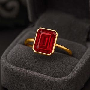 Emerald Cut Ruby Solitaire Ring, Bezel Set July Birthstone Gemstone Jewelry for Women, Engagement Ring, Minimalist Ruby Ring, Gift for Her,