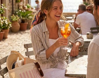 Bolso tote de lona blanca Ciao Bella, bolso de mercado italiano con rayas rosas.
