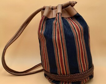 Vintage 1990s shoulder bag or backpack, striped canvas and leather inserts, Made in Italy, handcrafted, light and roomy