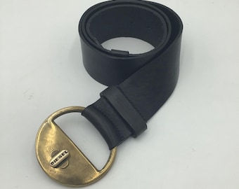 Diesel Women's Vintage Y2K Blue Leather Belt, Patinated Gold Brass Buckle, Made in Italy, 2000s Streetwear Style