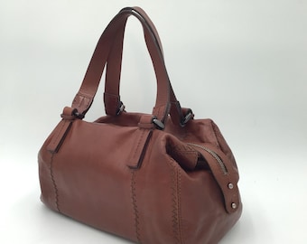 Francesco Biasia Vintage Y2K Brown Leather Bowling Bag Women's Retro 2000s Made in Italy Elegant