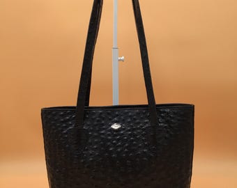 Vintage 90s I Santi Milano Black Ostrich Leather Tote Bag Restored, Italian Ostrich Leather Tote Bag with Dust Bag, Luxury Shoulder Handbag