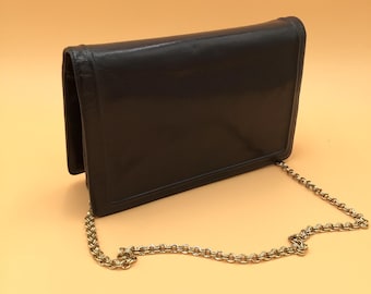 Vintage 80s Navy Blue Leather Evening Clutch Bag Women's Clutch Bag with Gold Chain Shoulder Strap Elegant Dark Blue Handbag Retro Gift for Women