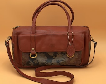 Vintage 1980's I Santi Bag Leather and Fabric Tapestry Made in Italy Unique Patina Original Handbag Shoulder Bag Gift for Women Rare