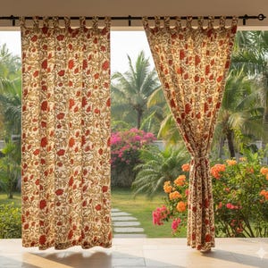 Hand Block Print Cotton Curtains, Bohemian Floral Window Drapes (Set of 2)
