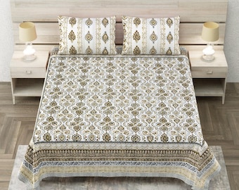 Parure de lit ethnique fleurie en coton indien très grand lit (108 x 108) avec taies d'oreiller assorties