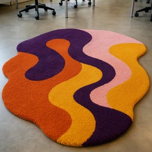 Hand Tufted Multicolor Wavy Rug Modern Abstract Groovy Design Carpet Colorful Retro Wave Pattern Rug for Living Room and Bedroom 8x8 12x12