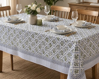 Hellblaue Handblock gemusterte Baumwolle Tischdecke: Florale Party Tischdekoration