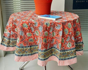 Dunkles Lachsrosa, Salbeigrün, runde Tischdecke, Handblock, bedruckte Tischdecke, Tischdecke, Leinenset, Bauernhausdekor, Hochzeitstischdecke
