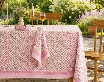 Tischdecke aus Baumwolle mit handbedrucktem rosa Blumenmuster | Indische, handgefertigte Tischdecke | Tischwäsche