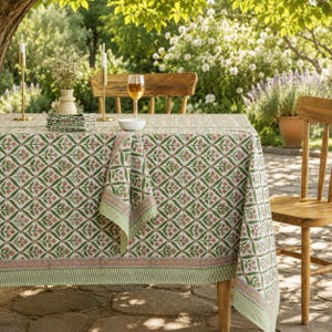 Green Floral Hand Block Print Cotton Tablecloth | Indian Handmade Dining Table Cover | Table Linen