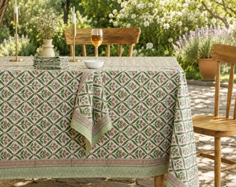 Mantel de algodón con estampado floral verde hecho a mano / Cubremesa de comedor indio hecho a mano / Mantelería
