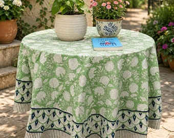 Handblock Gedruckte Runde Tischdecke: Indische Blumenbaumwolltischdecke Erntedank-Geschenk