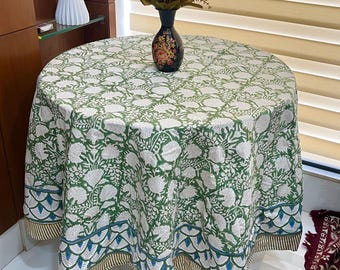 Moosgrün Floral Indische Hand Block Print Tischdecke Rechteck/Quadratisch/Rund Baumwolle Tischdecke Französisch 6-Sitzer Esszimmer Tischdecke Boho Decor