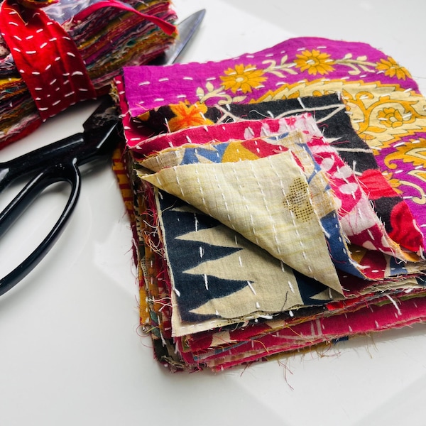 100 pezzi di ritagli - Pacchetti di kantha vintage, quadrati di tessuto sari indiano, toppe kantha per quilting, ritagli di patchwork, junk journal