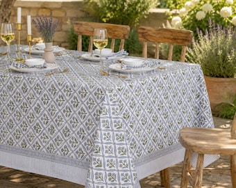 Handblockdruck Tischdecke Boho Esszimmer Tischdecke 6 Sitzer Küche Hochzeit Tischwäsche Hellblaue Tischdecke