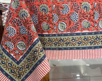 Indische Handblock Gedruckt Tischdecke, Tischdecke, Leinen Set, Bauernhaus Dekor, Hochzeitstischdecke Dunkles Lachsrosa, Salbeigrün Floral