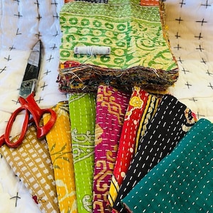 50 pezzi di ritagli Kantha (6,5"x6,5") - Quadrati per quilting - Tessuto Kantha per trapunte Kantha, tessuto quadrato per sari indiani, tessuto per diario di scarto
