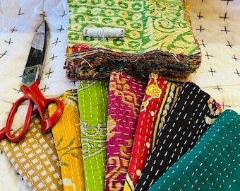 50 PC Kantha Scrap(6.5"x6.5")- Quilting Squares-Kantha Quilt Kantha Fabric, Indian Sari Squares Fabric Square,Junk Journal Fabric