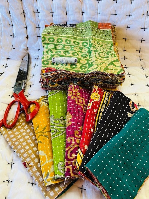 50 PC Kantha Scrap(6.5"x6.5")- Quilting Squares-Kantha Quilt Kantha Fabric, Indian Sari Squares Fabric Square,Junk Journal Fabric