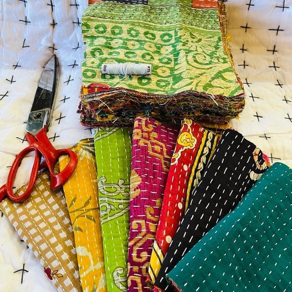 50 PC Kantha Scrap(6.5"x6.5")- Quilting Squares-Kantha Quilt Kantha Fabric, Indian Sari Squares Fabric Square,Junk Journal Fabric