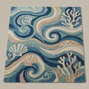 Handmade Abstract Ocean Wave Rug, Teal Blue Wool Carpet, Coastal Living Room Plush Textured Rug