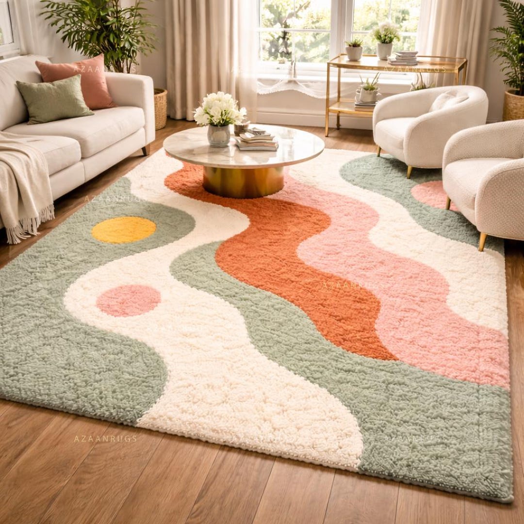 Modern Abstract Pastel Area Rug Brightening a Cozy Sunlit Living Room ...