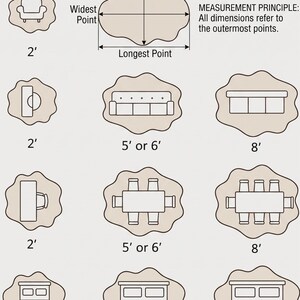 May include: A guide to irregular rug sizes, showing various shapes with dimensions. Sizes include 2 ft, 5 ft or 6 ft, and 8 ft. The text explains that all dimensions refer to the outermost points of the rug.