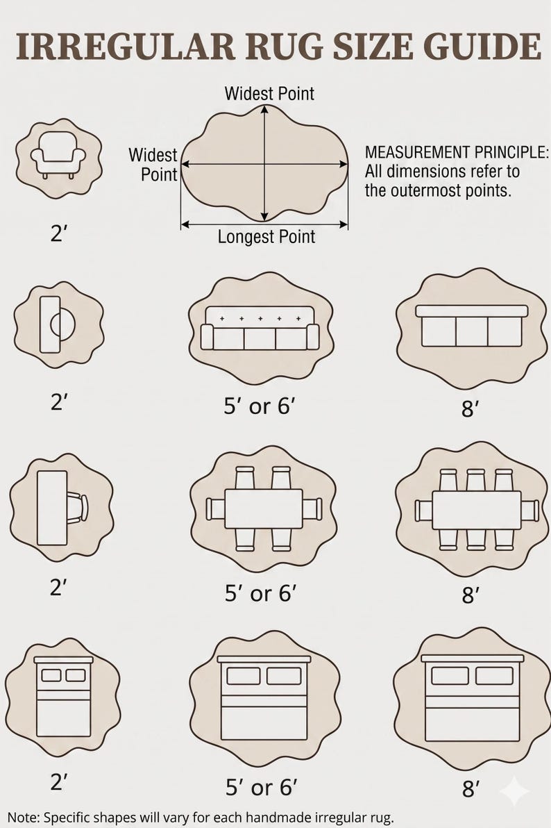 May include: A guide to irregular rug sizes, showing various shapes with dimensions. Sizes include 2 ft, 5 ft or 6 ft, and 8 ft. The text explains that all dimensions refer to the outermost points of the rug.
