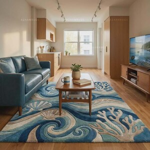 Handmade Abstract Ocean Wave Rug, Teal Blue Wool Carpet, Coastal Living Room Plush Textured Rug