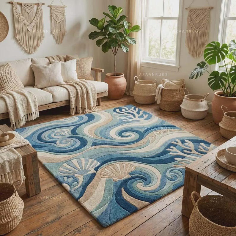 Handmade Abstract Ocean Wave Rug, Teal Blue Wool Carpet, Coastal Living Room Plush Textured Rug