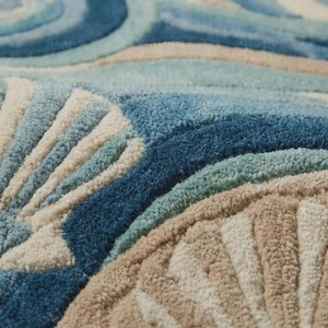 Handmade Abstract Ocean Wave Rug, Teal Blue Wool Carpet, Coastal Living Room Plush Textured Rug